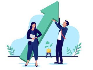 Aufkleber - Businesspeople with green arrow - Two happy business characters smiling while working on company growth, success and achievement together as a team. Flat design vector illustration