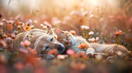 dog and cat lying in flower field