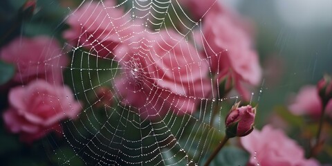 Close-up View of a Spider Web with Dew Drops on a Rose Bush. Concept Close-up Photography, Nature Themes, Dew Drops, Macro Shots, Spider Webs