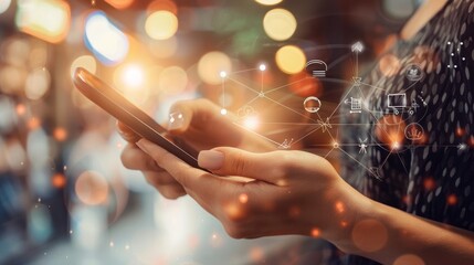 A woman holding smartphone surrounded by speech bubble and social media icons.