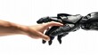 Ludzka ręka wkłada z zaufaniem swoją dłoń w dłoń robota, tworząc połączenie.