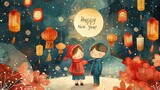 Kartka na nowy rok z lampionami i nocą. Dwoje dzieci stojących obok siebie w zimę.