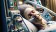 A middle-aged woman in a hospital room lying in bed. She is hooked up to a series of life support machines, and monitors next to her display her heart rate, oxygen levels and other vital statistics.