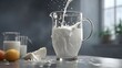 a milk being poured out from the pitcher on the glass table surface, best quality, cloudy gray background, digital HD art, highly detailed, concept art, ultra realistic digital illustration