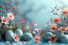 Blue And Pink Flower Field With A Bunch Of Eggs Scattered Around With Copy Space