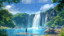 Woman With Waterfall In The Forest. Seamless Looping Time-lapse 4k Video Animation Background