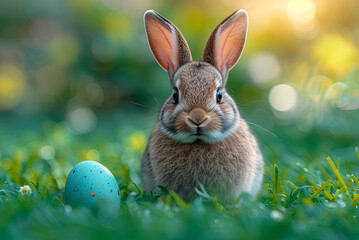 Rabbit is standing in a field with an easter egg in front of it