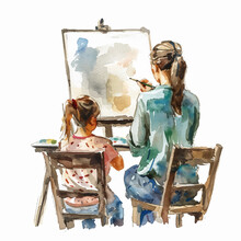 Painting Of A Little Girl Painting With The Teacher 
