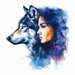 Wall Mural - Painting of a girl with a wolf 