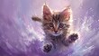 Playful kitten with curious eyes and a mischievous grin frolicking against a gentle lavender backdrop