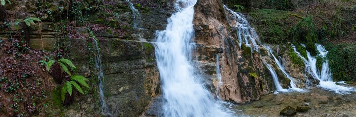 El Molino waterfall in Villabáscones de Bezana in the Valdebezana Valley. The Merindades region. Burgos. Castile and Leon. Spain. Europe