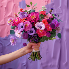 a hand holding a purple floral bouquet on pink isolated background, advertising, bold color, artific