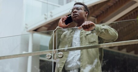 Poster - phone call, stress and black businessman in city on a balcony frustrated by phishing, glitch or news