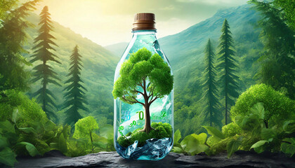 Earth day 2024 concept 3d tree background. A bottle of water with a green forest inside, the idea is to recycle old plastic bottles, think green.