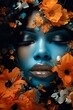 Abstract Underwater Portrait of Woman with Blue Tones and Orange Flowers.
