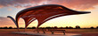 Canopy structure with parametric design and parametric benches in a rural setting at sunset