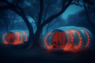 Wall Mural - Futuristic living pods in the middle of a forest with a blue foggy atmosphere and orange lights inside the pods.