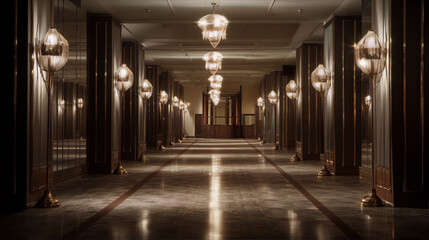 Luxury hotel lobby interior with chandeliers and shiny floor in art deco style