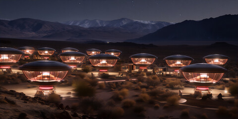 Wall Mural - Futuristic desert hotel domes with a mountain landscape and starry night sky in the background