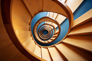 Abstract, Architecture, Blue, Brown, Circle, Geometric, Minimalism, Modern, Pattern, Perspective, Photography, Spiral, Staircase, Symmetry, Texture, Wood