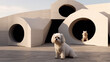 3D rendering of two dogs in a surreal environment with large concrete structures