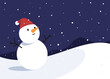 © Madua - Cute snowman wearing Santa hat on snow ground with falling snow. Concept of winter season, outdoor night, Christmas. Flat vector illustration cartoon character.
