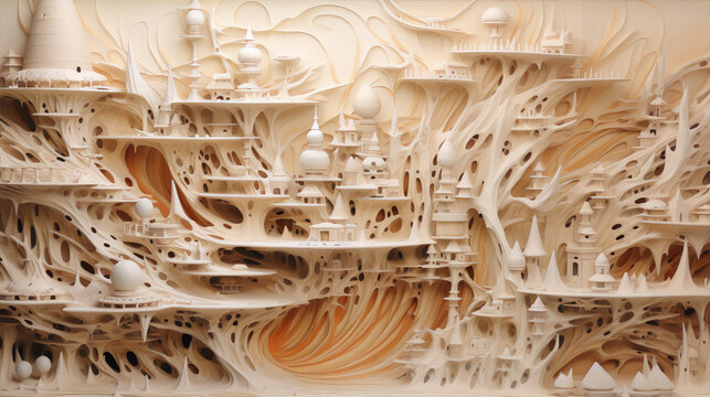 3D rendering of an intricate organic structure resembling a city, with a cream and orange color scheme.