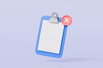 Aufkleber - 3D Blue Clipboard with paper notes with cross marks. Wrong Choice. Cancel, Error, Stop, Disapprove icon symbol. Denied checklist Concept. Minimal cartoon creative style. 3d rendering illustration.