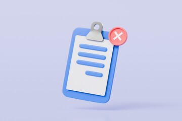 Aufkleber - 3D Blue Clipboard with paper notes with cross marks. Wrong Choice. Cancel, Error, Stop, Disapprove icon symbol. Denied checklist Concept. Minimal cartoon creative style. 3d rendering illustration.