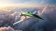 a luxury green and white furturistic stealth jet flying in above the sea of clouds with rainbow and blue sky 