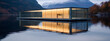 Floating house with glass walls on a calm lake with mountain landscape in the background