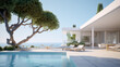Modern villa with pool and Mediterranean sea view, 3d render