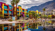Palm Springs colorful hotel with mountain views reflected in the pool
