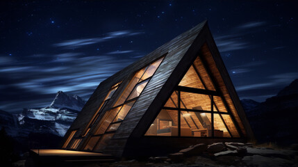 Wall Mural - A-frame cabin in the mountains at night, with a starry sky and snow-capped peaks.