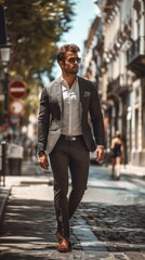 Sticker - fit man in suit walking down a street  