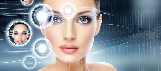 Wall Mural - A woman's face is shown with a blue background and a circle of eyes. The eyes are surrounded by a circle of light, giving the impression of a futuristic, high-tech look