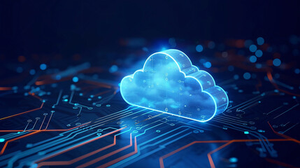 The cloud technology concept, of a digital glowing blue cloud with circuit board data flow, generative ai