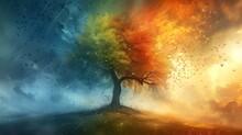 Magical Tree With Birds And Colorful Light Effect