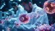 medical and pharmaceutical research with blood cells and viruses using biotechnology in the form of a wide banner hologram.