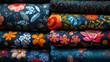 Cotton fabrics. Natural multi-colored fabrics with various patterns and patterns are in large piles in a fabric store. Different textures of fabrics. Textile production and sale. Natural bright dyes.