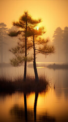 Wall Mural - Photography of two trees in the middle of a lake at sunrise with a foggy background in warm colors