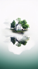 Wall Mural - Small house and trees on a tiny foggy island floating in the sky, with its reflection below.