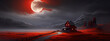 A digital painting of a lonely red house in a field of red grass under a large red moon.