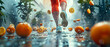 legs of a running man in bright leggings, healthy lifestyle concept, jogging, citrus fruits
