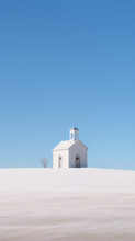 3D Rendering Of A Small Chapel In The Middle Of A Snowy Field Under A Clear Blue Sky.