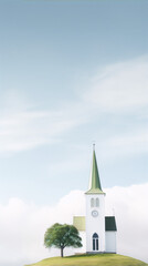 Wall Mural - Fine art photography of a small church with a green roof and a clock tower next to a large tree on a hill with a cloudy sky in the background.