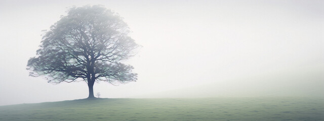 Wall Mural - Single tree in a foggy field with a gradient white background in the category of art, with a subject of nature and colors of white, gray and green.