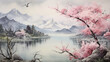 Japanese landscape. Lake in the mountains and sakura trees.