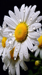 Wall Mural - Close-up of a white daisy with yellow center and water drops on the petals against a dark background.