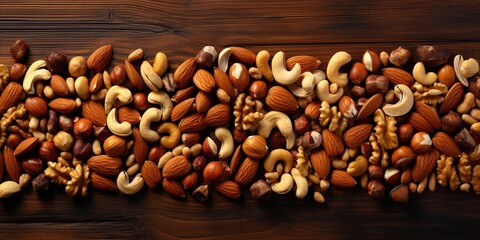 Wall Mural - Hazelnut on wooden table with green leafs. Background of nuts. Food background. Healthy organic food, bio-products. The concept of vegetarian, vegan and raw food.
